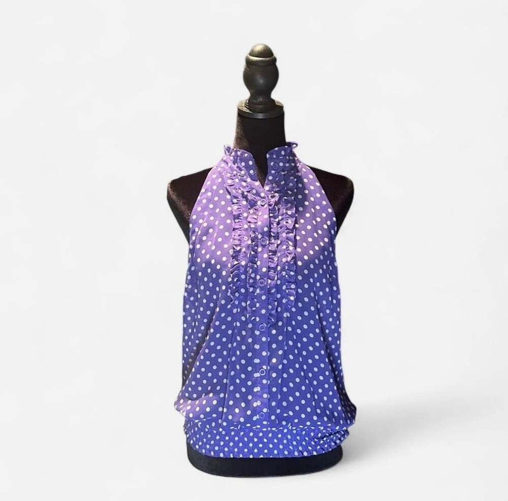 Y2K Forever 21 Purple & White Polka Dot Halter Neck Ruffled Blouse in Medium